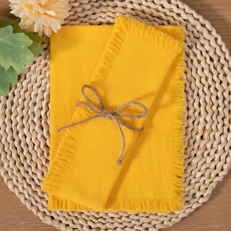 LINXTAR Handmade Cloth Napkins with Fringe 10 Pack 18x18 Thick Cotton Linen Napkins Soft Versatile Dinner Table Napkins for Parties Weddings Everyday Use  Yellow - Image 4