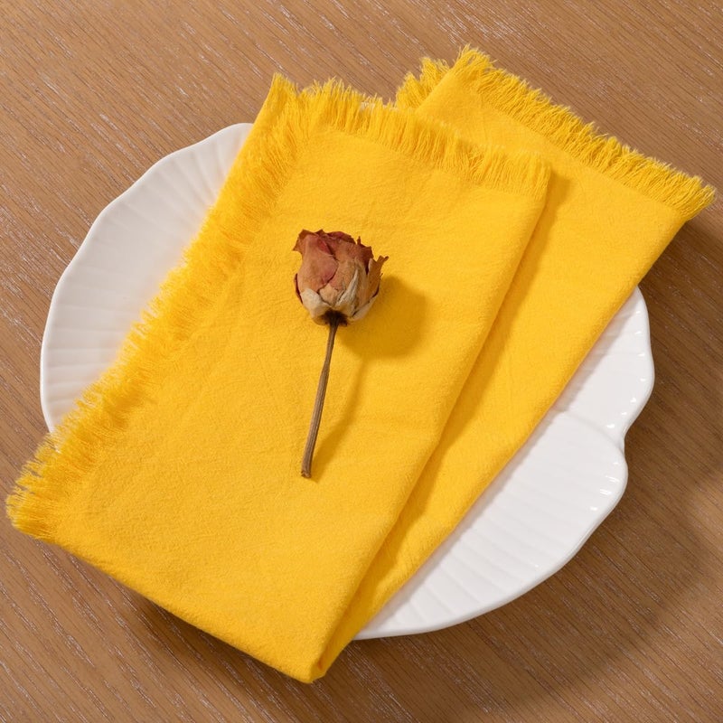 LINXTAR Handmade Cloth Napkins with Fringe 10 Pack 18x18 Thick Cotton Linen Napkins Soft Versatile Dinner Table Napkins for Parties Weddings Everyday Use  Yellow - Image 3