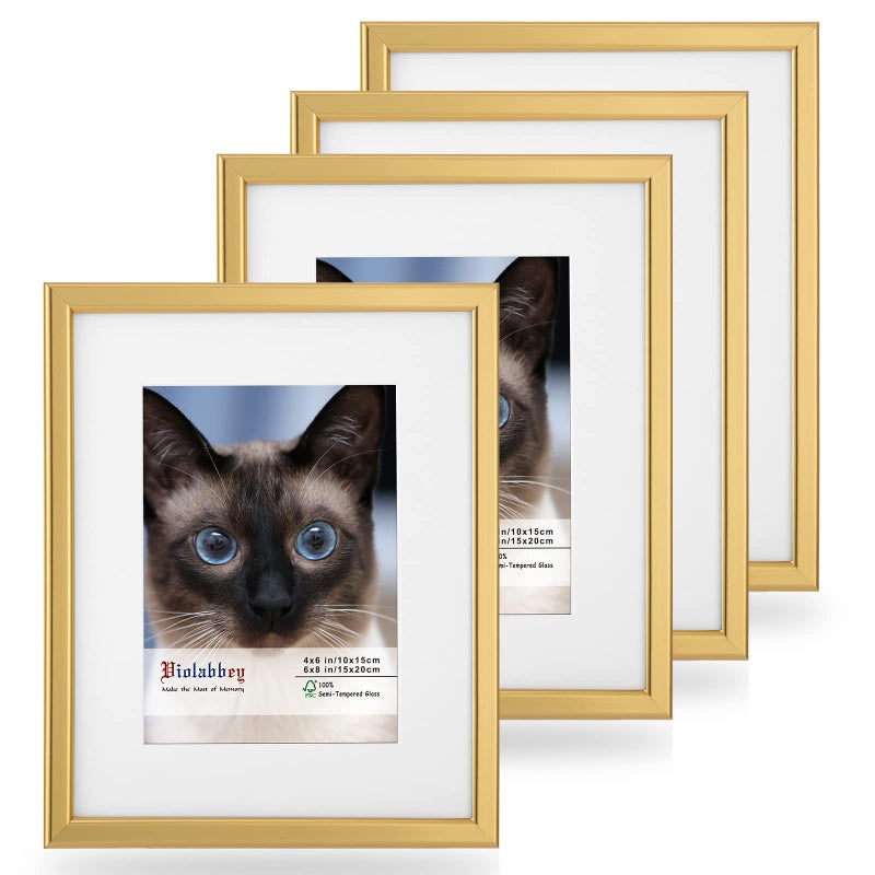 VIOLABBEY 6x8 Picture Frame Set of 4 Light Gold Photo Frame Display 4x6 Photo with Mat and 6x8 without Mat Wall or Tabletop HD Real Glass