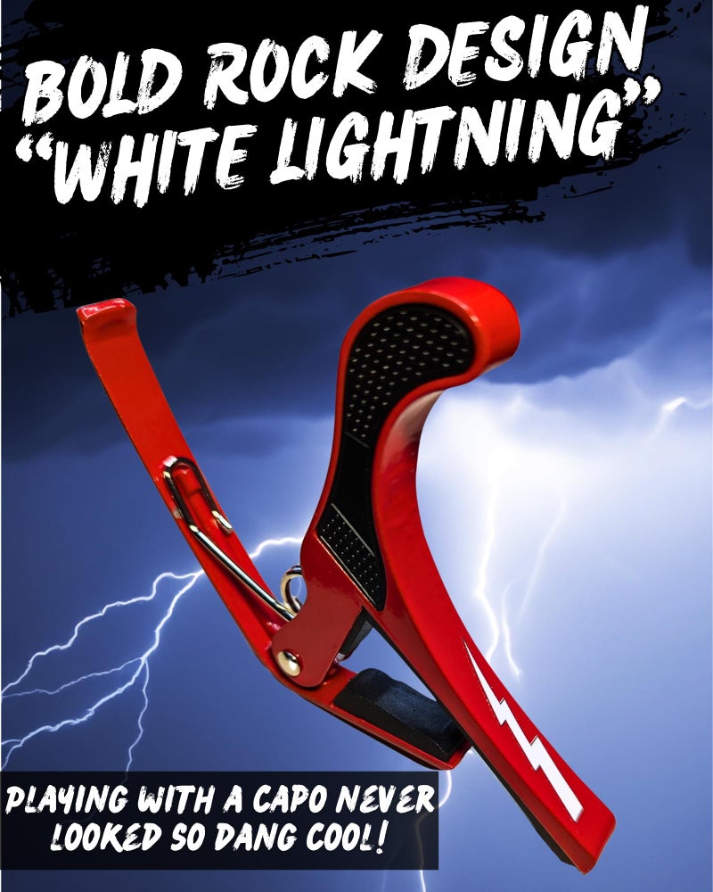 Powered By Rock Guitar Capo for Acoustic and Electric Guitars - Guitar Accessory to Instantly Change Key & Chord - Quick Release, Spring Action Grabber - White Lightning Design - Image 2