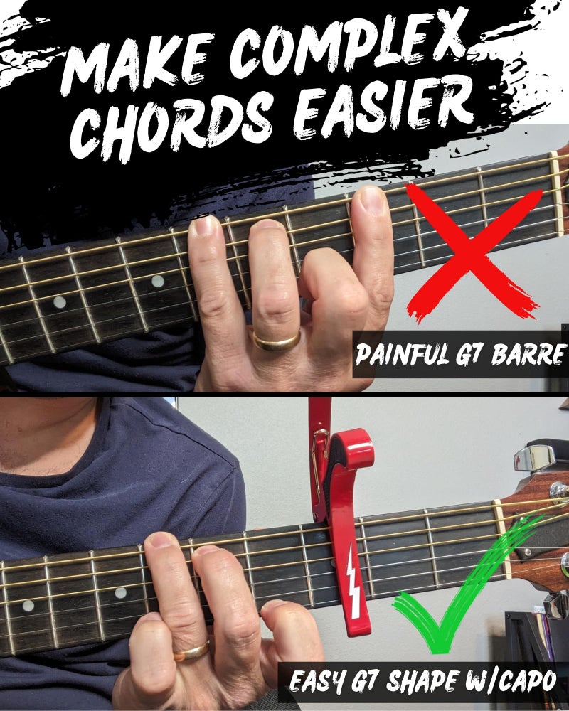 Powered By Rock Guitar Capo for Acoustic and Electric Guitars - Guitar Accessory to Instantly Change Key & Chord - Quick Release, Spring Action Grabber - White Lightning Design - Image 5