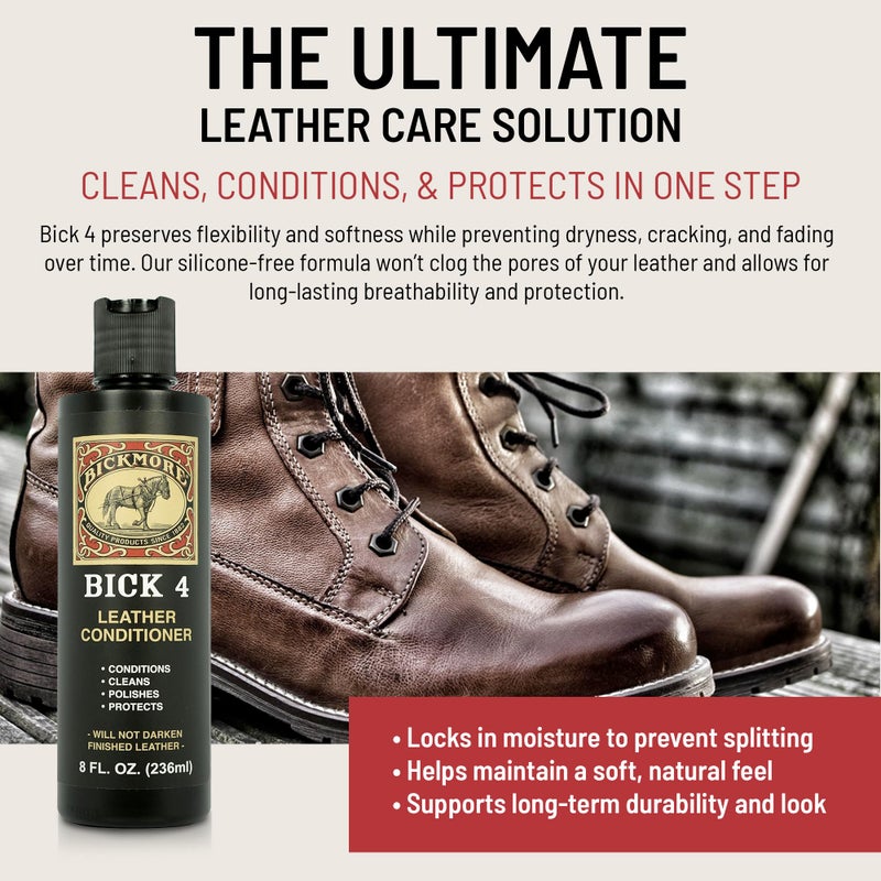 Bickmore بيك موري بيك 4 مكيف جلدي ومنظف جلدي 16 أونصة - لن يغمق الجلد - آمن لجميع الملابس الجلدية، الأثاث، السترات، الأحذية، داخل السيارات، الحقائب وجميع الملحقات الجلدية الأخرى - Image 3