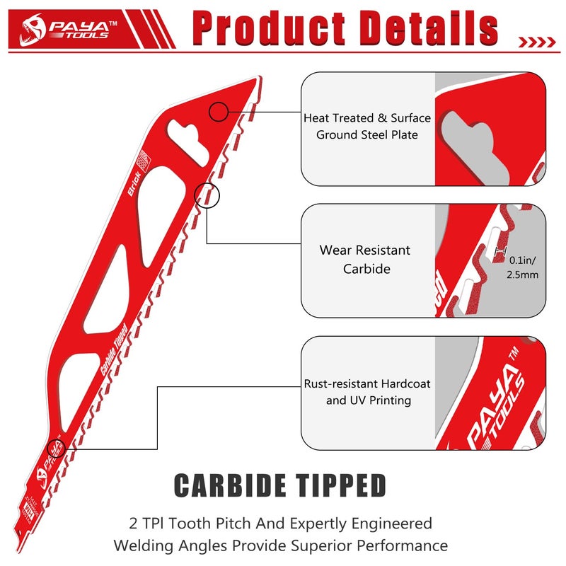 Paya Tools Demolition Masonry Reciprocating Saw Blade  Carbide Blades For Cutting Aerated Concrete And Hollow Brick 305Mm/12-Inch  2Tpi (2-Pack) - Image 3