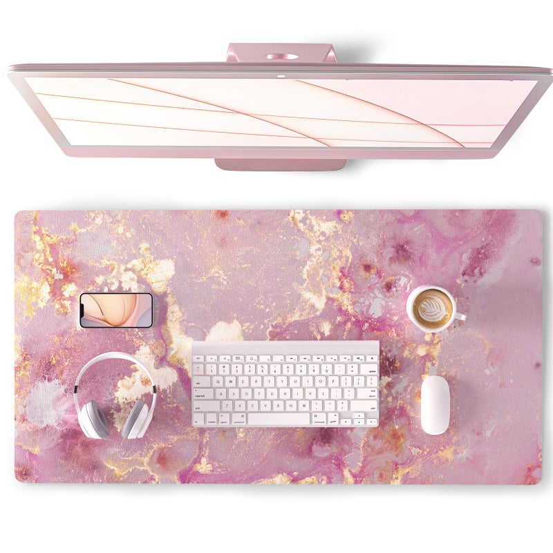 QIYI Large Mouse Pad Cute Pink Desk Mat for Desktop Women Girls PU Leather Desk Pad Waterproof Gaming Mousepad Rose Gold Marble Computer Protector Writing Pad for School Office Home 315 x 157