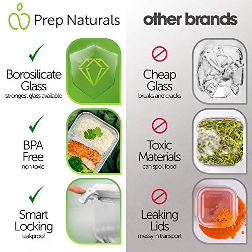 Prep Naturals مجموعة PrepNaturals من 5 حاويات زجاجية سعة 36 أونصة - آمنة في غسالة الصحون والميكروويف والفريزر والفرن - حاويات تخزين زجاجية مع أغطية (متعددة الأقسام) - Image 3