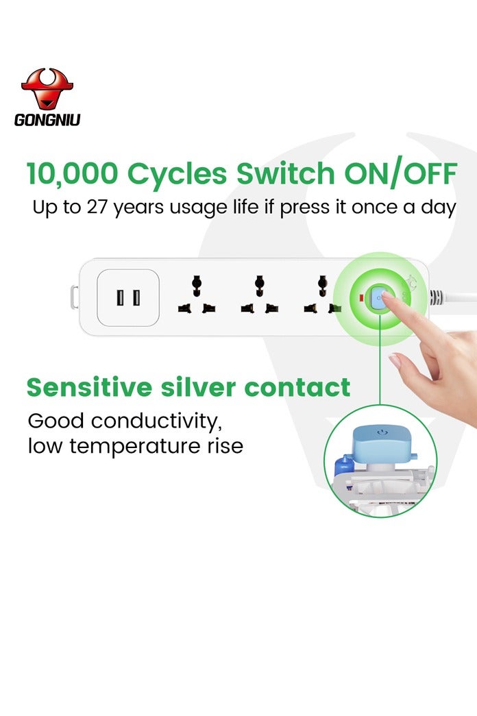 غونغنيو وصلة تمديد كهربائية GONGNIU بطول 3 متر – 3 منافذ شحن عالمية و2 منفذ USB | حماية من الحمل الزائد 13A | كابل تمديد مقاوم للحريق مع قفل أمان للأطفال – أبيض - Image 3