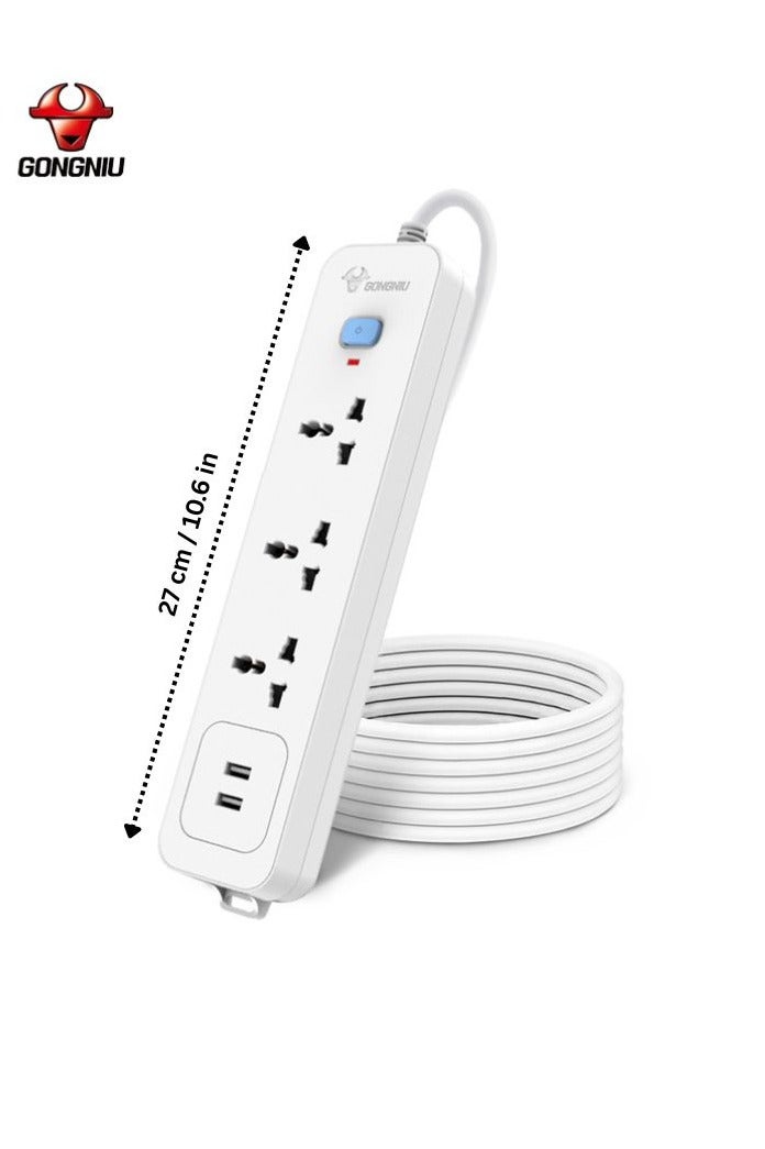 غونغنيو وصلة تمديد كهربائية GONGNIU بطول 3 متر – 3 منافذ شحن عالمية و2 منفذ USB | حماية من الحمل الزائد 13A | كابل تمديد مقاوم للحريق مع قفل أمان للأطفال – أبيض - Image 2