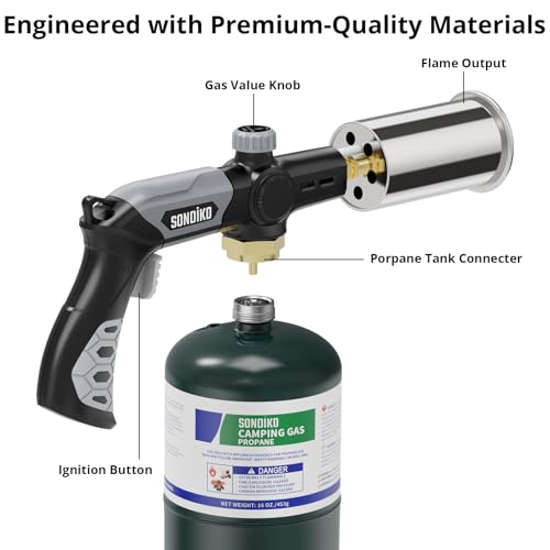 Sondiko Powerful Grill & Cooking Propane Torch L8010, Sous Vide, Campfire Starter, Adjustable Wood Torch Burner for Searing Steak, BBQ, Welding(Black, Grey) Propane Tank Not Included - Image 5