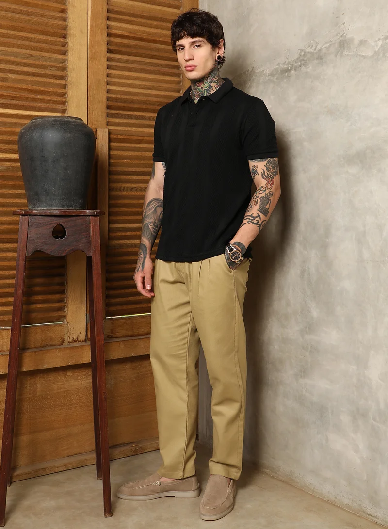 Campus Sutra Campus Sutra Men's Onyx Black Bi-Panel Polo T-Shirt For Casual Wear | Polo Neck | Short Regular Sleeves | Half-Button Closure | T-Shirt Crafted With Comfort Fit For Everyday Wear