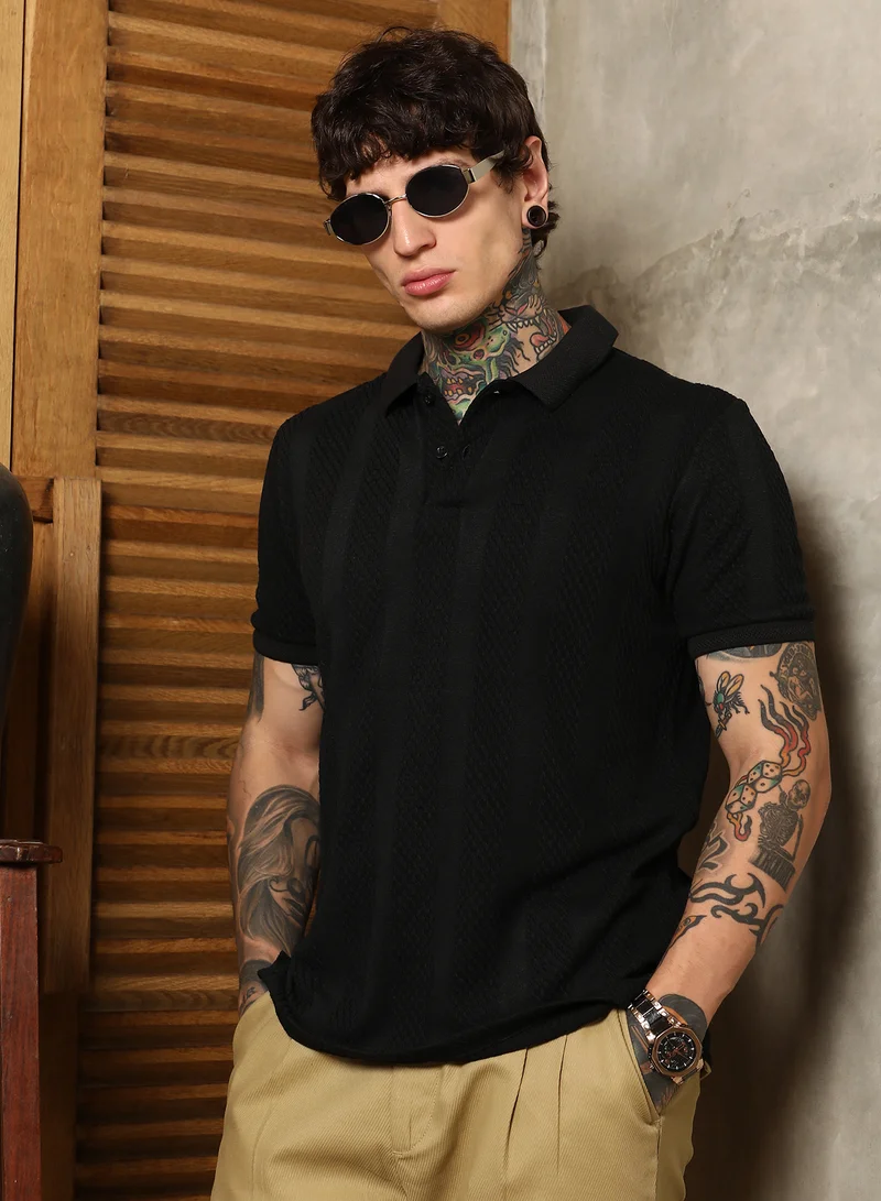 Campus Sutra Campus Sutra Men's Onyx Black Bi-Panel Polo T-Shirt For Casual Wear | Polo Neck | Short Regular Sleeves | Half-Button Closure | T-Shirt Crafted With Comfort Fit For Everyday Wear