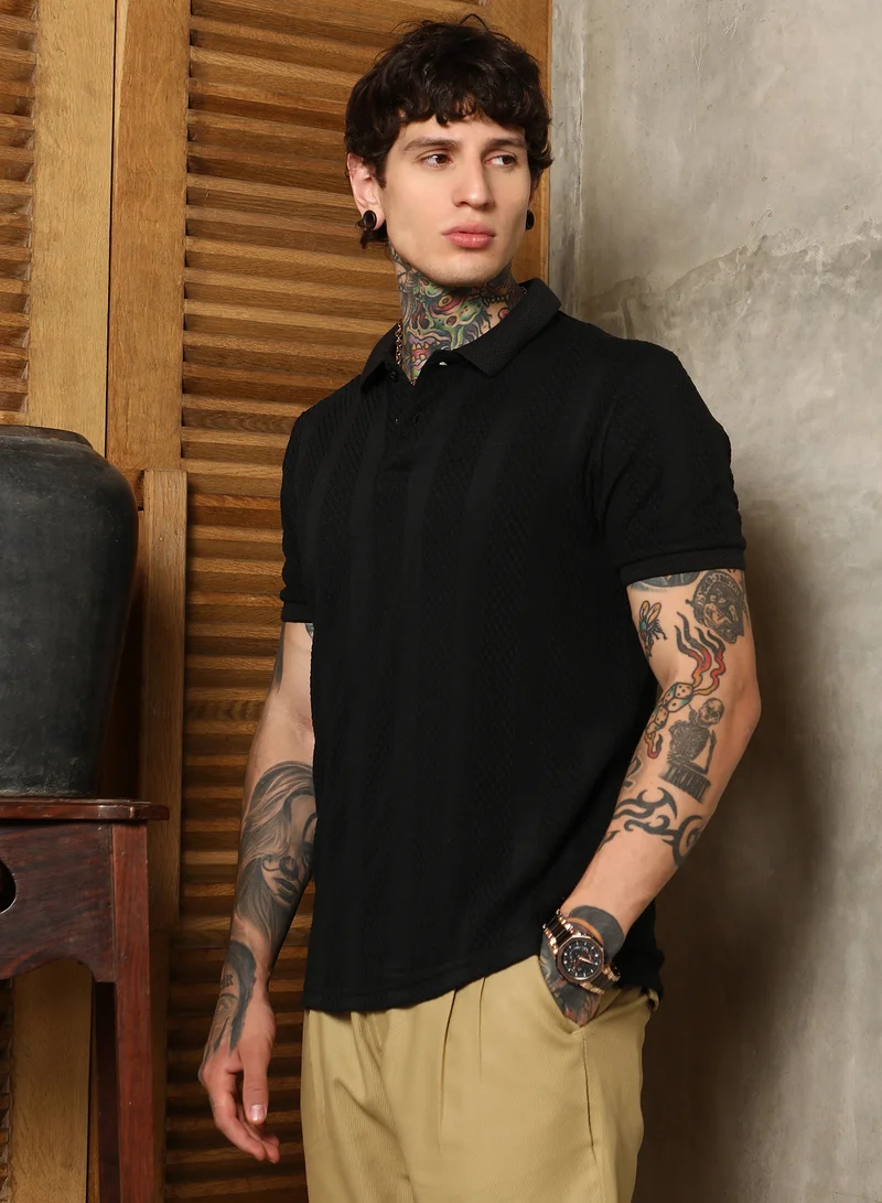 Campus Sutra Campus Sutra Men's Onyx Black Bi-Panel Polo T-Shirt For Casual Wear | Polo Neck | Short Regular Sleeves | Half-Button Closure | T-Shirt Crafted With Comfort Fit For Everyday Wear
