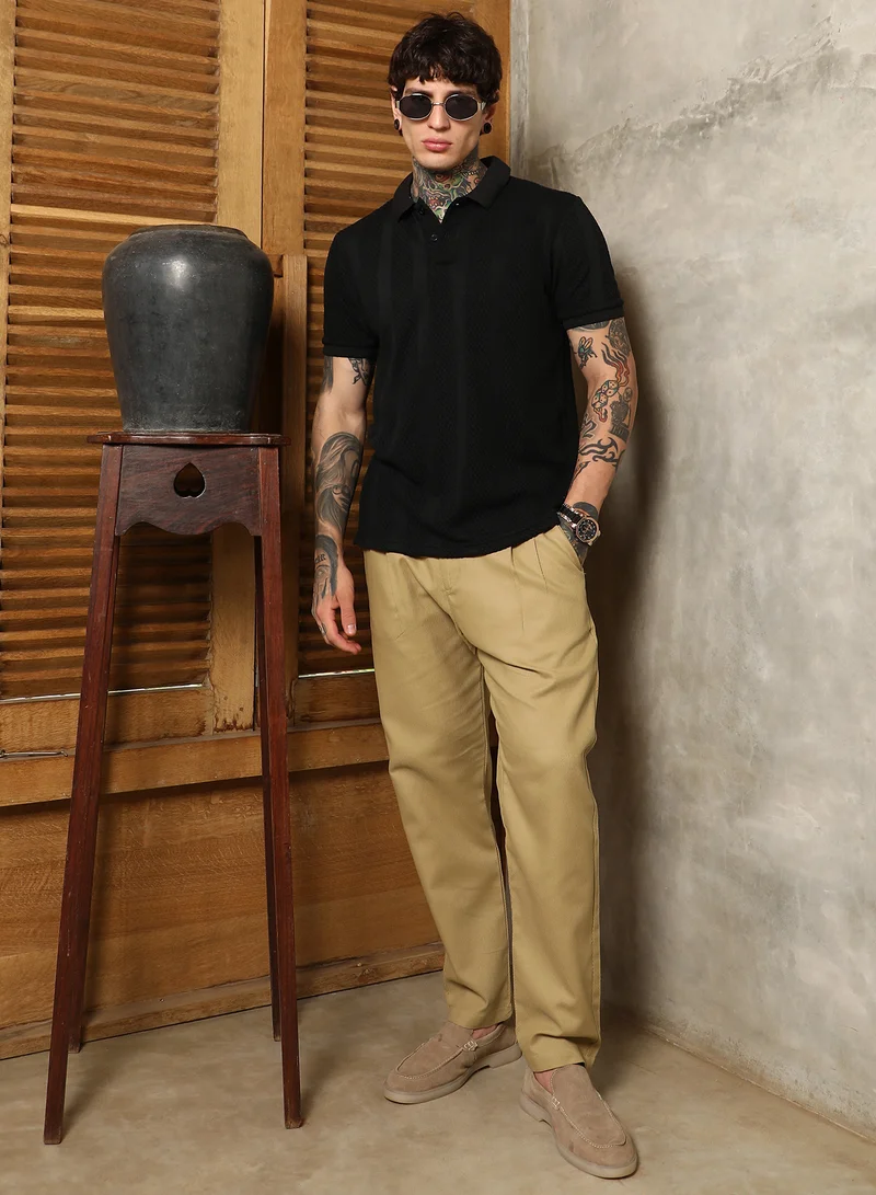 Campus Sutra Campus Sutra Men's Onyx Black Bi-Panel Polo T-Shirt For Casual Wear | Polo Neck | Short Regular Sleeves | Half-Button Closure | T-Shirt Crafted With Comfort Fit For Everyday Wear