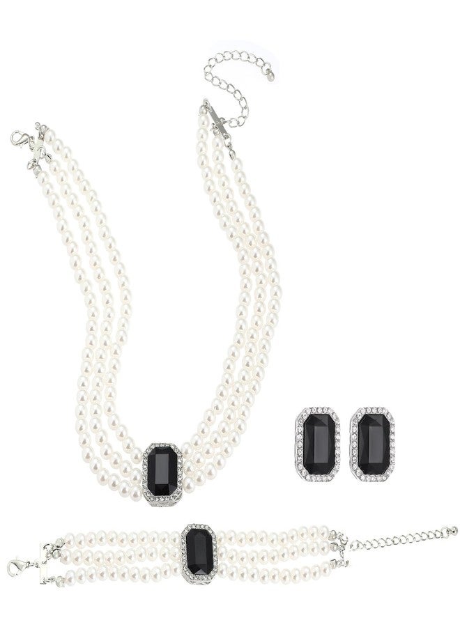 Cykdohy Layered Pearls Choker Rectangle Rhinestone Necklace Earrings Bracelets 3 Piece Jewelry Set for Women Luxury Geometric Crystal Adjustable Bead Chain Elegant 1920s Party Costume Wedding Bride Bridesmaid (Black) - Image 1