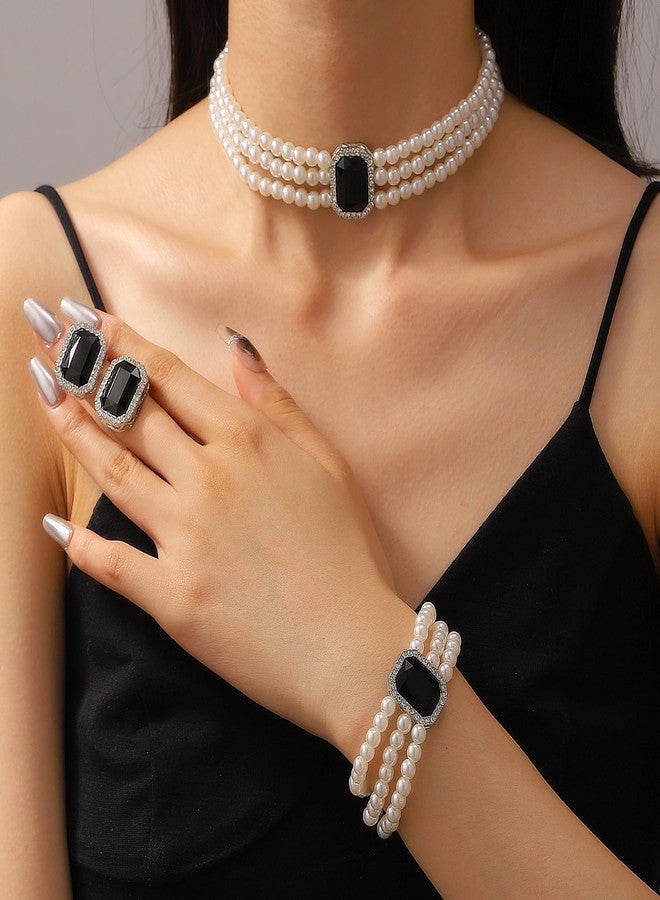 Cykdohy Layered Pearls Choker Rectangle Rhinestone Necklace Earrings Bracelets 3 Piece Jewelry Set for Women Luxury Geometric Crystal Adjustable Bead Chain Elegant 1920s Party Costume Wedding Bride Bridesmaid (Black) - Image 2