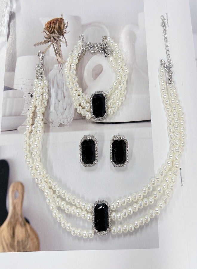Cykdohy Layered Pearls Choker Rectangle Rhinestone Necklace Earrings Bracelets 3 Piece Jewelry Set for Women Luxury Geometric Crystal Adjustable Bead Chain Elegant 1920s Party Costume Wedding Bride Bridesmaid (Black) - Image 3