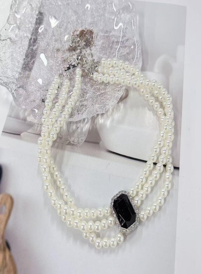 Cykdohy Layered Pearls Choker Rectangle Rhinestone Necklace Earrings Bracelets 3 Piece Jewelry Set for Women Luxury Geometric Crystal Adjustable Bead Chain Elegant 1920s Party Costume Wedding Bride Bridesmaid (Black) - Image 4