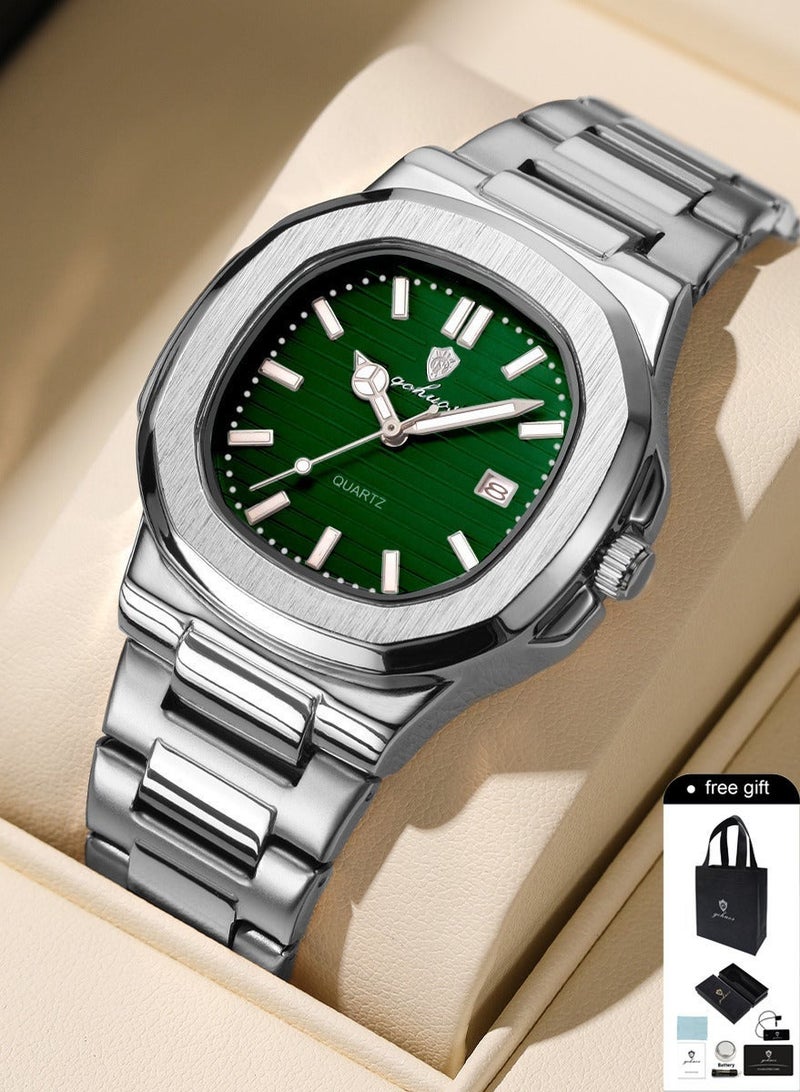 جوهوس ساعة رجالية تناظرية للأعمال - فولاذ مقاوم للصدأ، مقاومة للماء حتى 3ATM، عرض التاريخ، ساعة يد خضراء 43 مم - Image 1