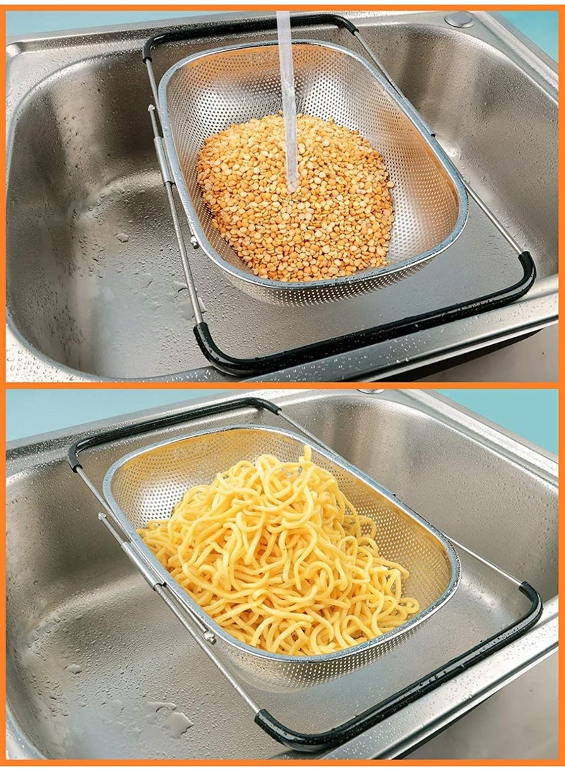 Large Over The Sink Colander, Stainless Steel Fine Mesh Strainer Basket with Expandable Rubber Grip Handles - Strain, Drain, Rinse Fruits, Vegetables - Image 4
