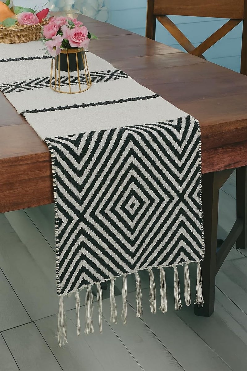 STONEMUNK Cotton Table Runner 13'' x 72'' Eco-Friendly Hand-Made Cotton Runner for Parties, Dining Table, Wedding, Boho Runner - (Black - T.R (Diamond)) - Image 1