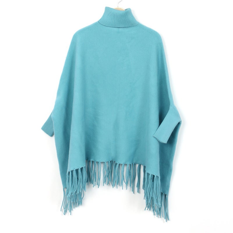 European and American autumn and winter high collar pullover ladies tassel cape monochrome cashmere shawl bat sleeve coat wholesale Sky Blue 