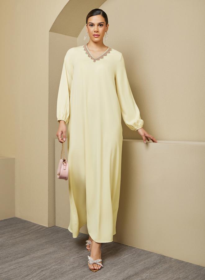 Styli Lace Trim Detail V Neck A-Line Jalabiya  - Image 1