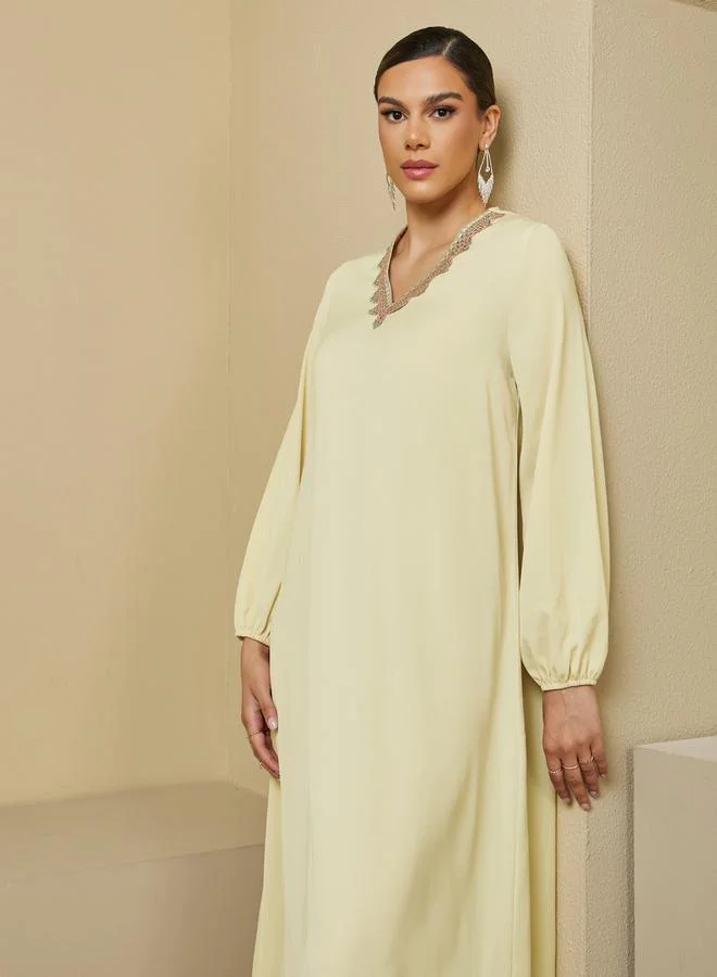 Styli Lace Trim Detail V Neck A-Line Jalabiya