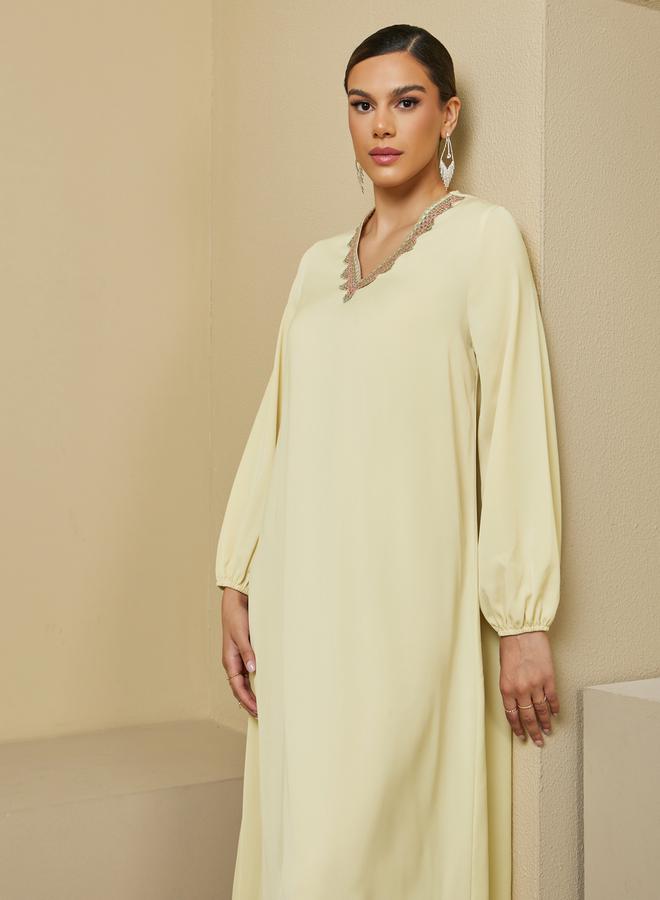 Styli Lace Trim Detail V Neck A-Line Jalabiya  - Image 3