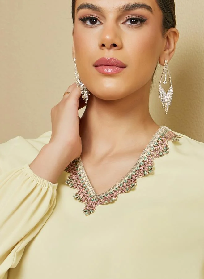 Styli Lace Trim Detail V Neck A-Line Jalabiya
