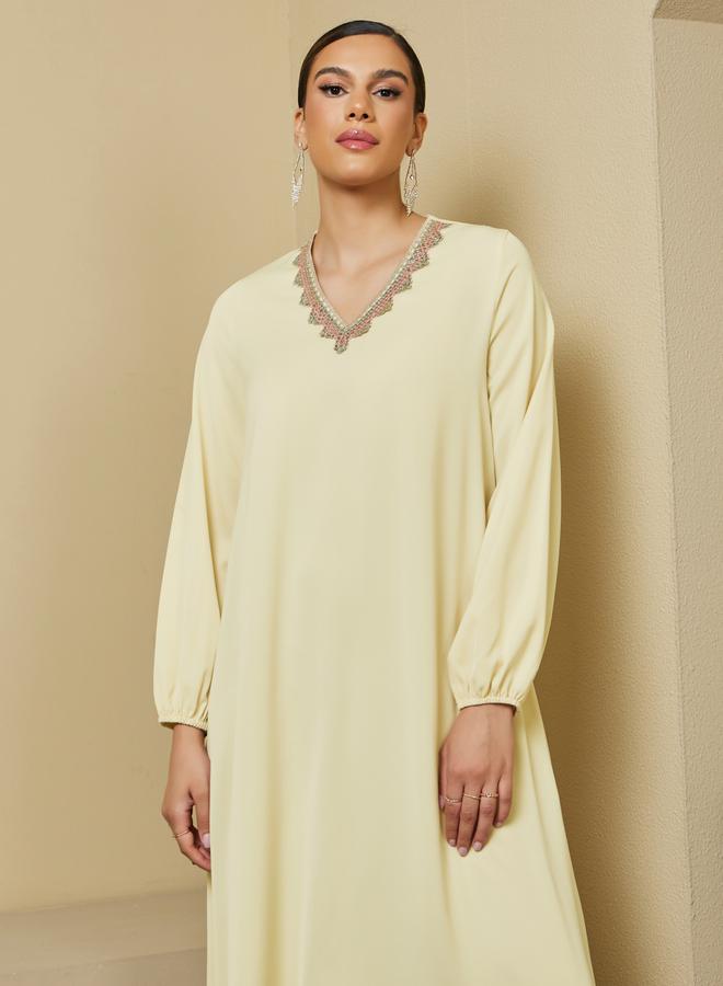 Styli Lace Trim Detail V Neck A-Line Jalabiya  - Image 4