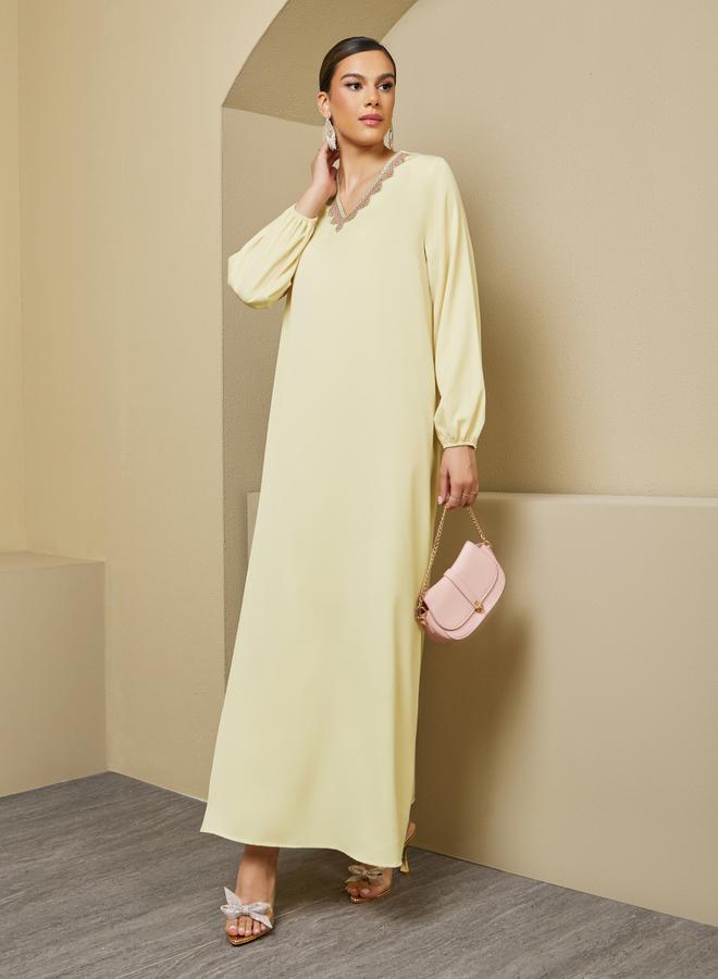 Styli Lace Trim Detail V Neck A-Line Jalabiya  - Image 2
