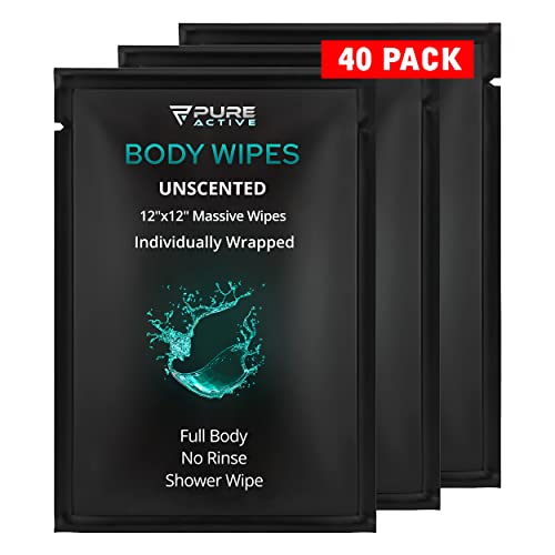 Pure Active Shower Body Wipes 12"x12", 40 Individually Wrapped Personal Hygiene Body Wipes for Women and Men, Keep Clean After Gym Travel Camping Outdoors Sports, Unscented - Image 1