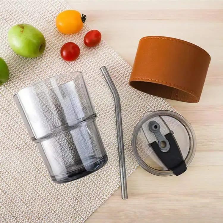 KELVEE Glass Sipper With lid And Straw Pack Of 1, 450ml Spill Proof Glass Coffee Tumbler Iced Tea Coffee Mugs With Leather Sleeve Clear Multipurpose Cups For Juice, Cocktail Home Office & Travel - Image 2