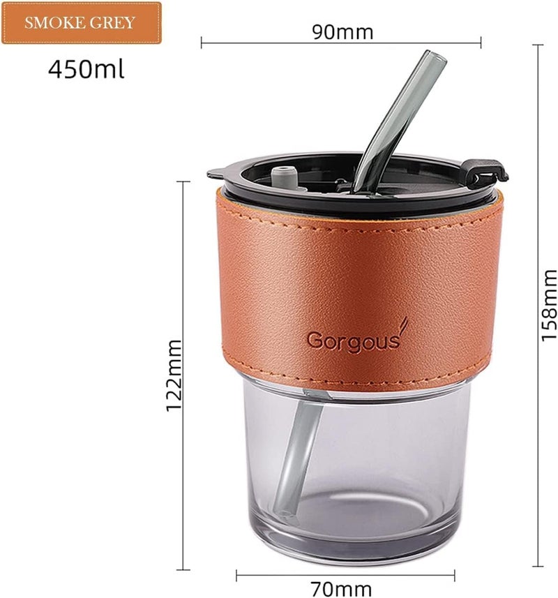 KELVEE Glass Sipper With lid And Straw Pack Of 1, 450ml Spill Proof Glass Coffee Tumbler Iced Tea Coffee Mugs With Leather Sleeve Clear Multipurpose Cups For Juice, Cocktail Home Office & Travel - Image 5