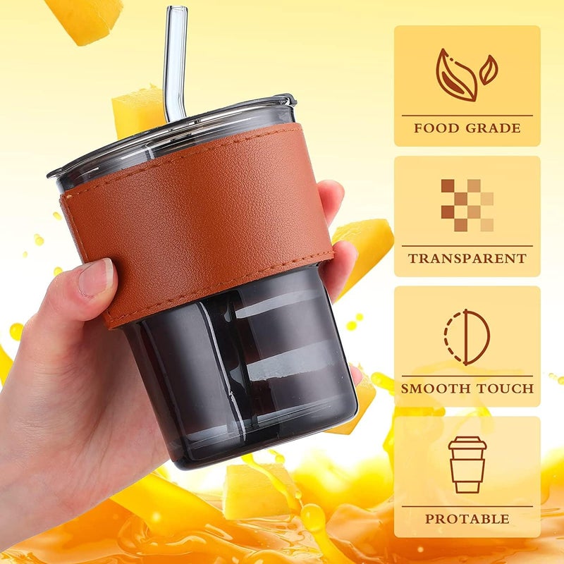 KELVEE Glass Sipper With lid And Straw Pack Of 1, 450ml Spill Proof Glass Coffee Tumbler Iced Tea Coffee Mugs With Leather Sleeve Clear Multipurpose Cups For Juice, Cocktail Home Office & Travel - Image 3