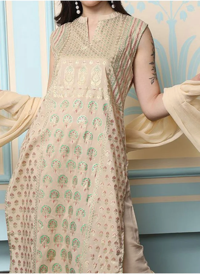 ISHIN Straight Fit Printed Pattern Round Neck Sleeveless Beige Colour Woven Cotton Kurta Set for Women with Semi Elastic Closure - Blending Tradition with Modern Style