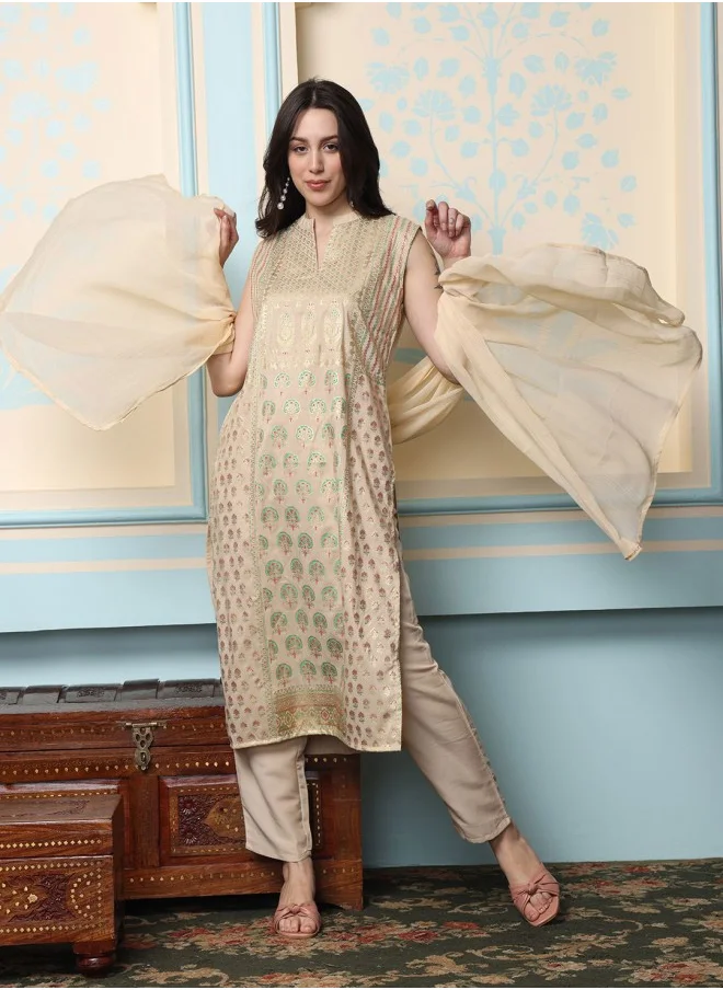 ISHIN Straight Fit Printed Pattern Round Neck Sleeveless Beige Colour Woven Cotton Kurta Set for Women with Semi Elastic Closure - Blending Tradition with Modern Style