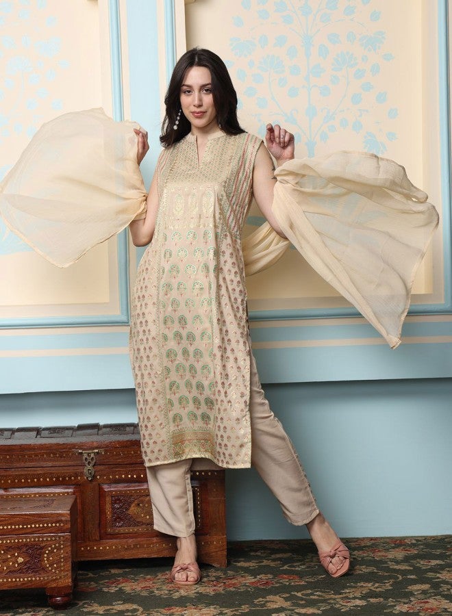ISHIN Women's Beige 100% Cotton Printed Straight Fit Kurta Set  - Image 1