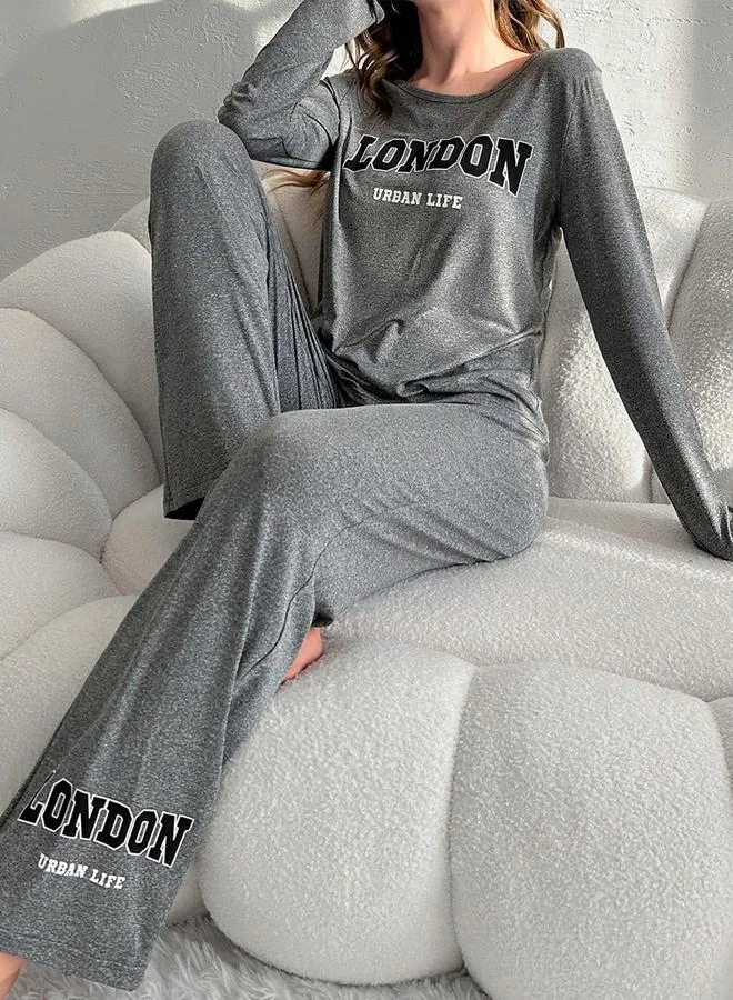 Take Two Grey Take Two Slogan Text Print T-Shirt and Pyjama Set for Women | Best Price UAE