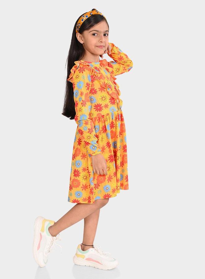 Bonkids Girl's Mustard & Multicolour 100% Cotton Printed Regular Fit Dress - Image 3
