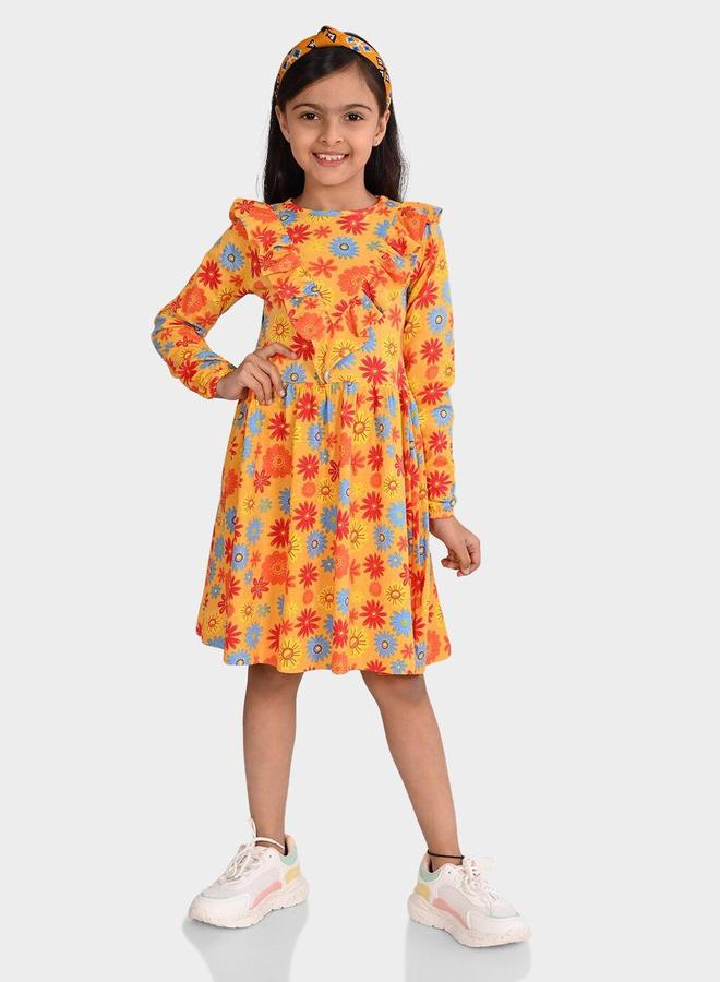 Bonkids Girl's Mustard & Multicolour 100% Cotton Printed Regular Fit Dress - Image 1
