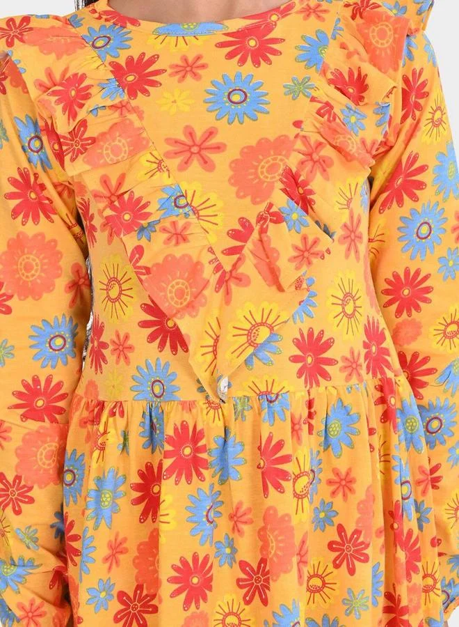 Bonkids Girl's Mustard & Multicolour 100% Cotton Printed Regular Fit Dress