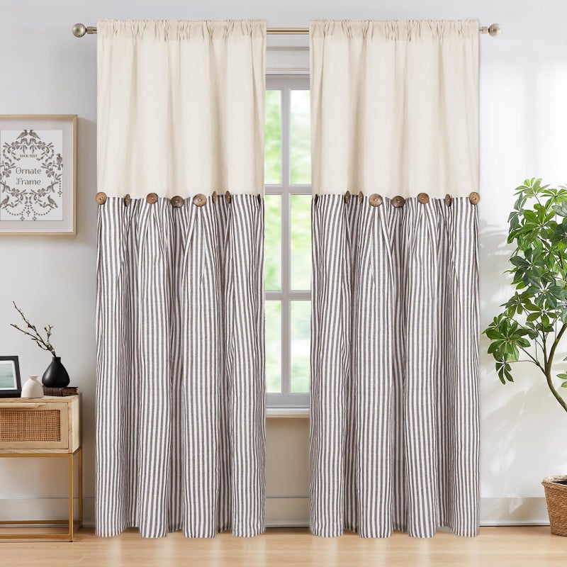ASPMIZ Cotton Linen Farmhouse Curtains Boho Rustic Button Panel, Country Window Curtain & Drapes, Brown Stripe Modern Curtains for Living Room, Back Tab & Rod Pocket Curtain 52 x 84 Inch, 2 Panels - Image 1