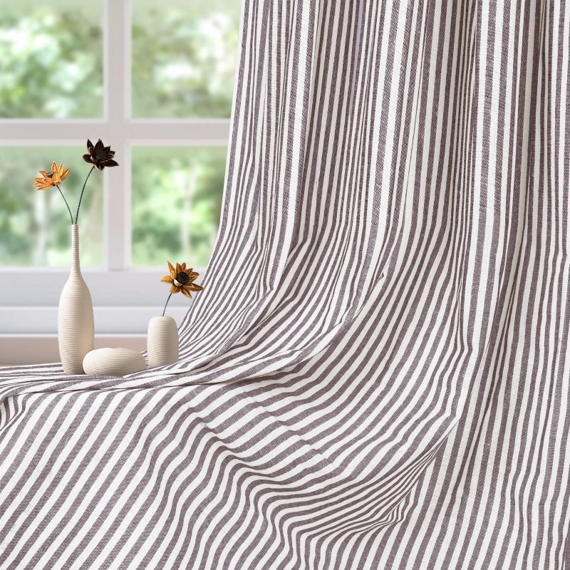 ASPMIZ Cotton Linen Farmhouse Curtains Boho Rustic Button Panel, Country Window Curtain & Drapes, Brown Stripe Modern Curtains for Living Room, Back Tab & Rod Pocket Curtain 52 x 84 Inch, 2 Panels - Image 4