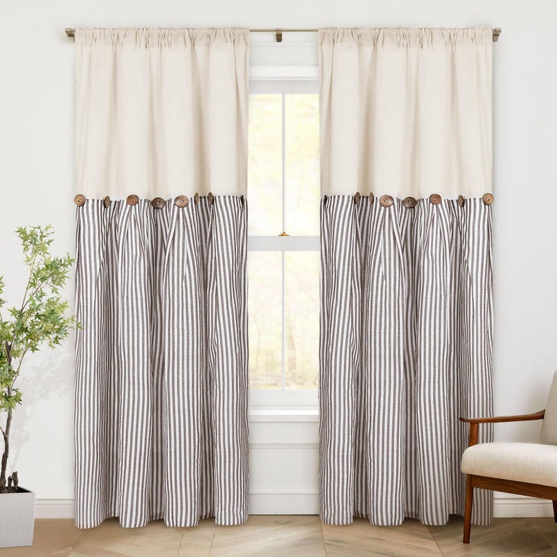 ASPMIZ Cotton Linen Farmhouse Curtains Boho Rustic Button Panel, Country Window Curtain & Drapes, Brown Stripe Modern Curtains for Living Room, Back Tab & Rod Pocket Curtain 52 x 84 Inch, 2 Panels - Image 2