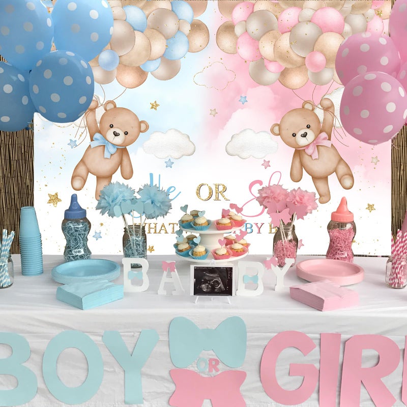 Mocsicka Gender Reveal Backdrop, 7x5ft, Blue, Vinyl Fabric, Photo Booth Props, Cake Table Decoration, We Can Bearly Wait - Image 2