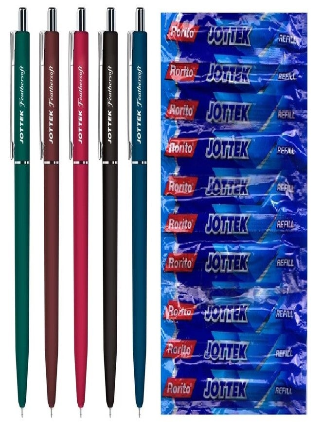 FIRST CLICK Jottek Feathersoft Retractble 5 Pen 10 Refill, Set of Pens and Refills Assorted Colours Blue Writings Waterproof Ink Fully Gripped Click Ball Pens - Image 1
