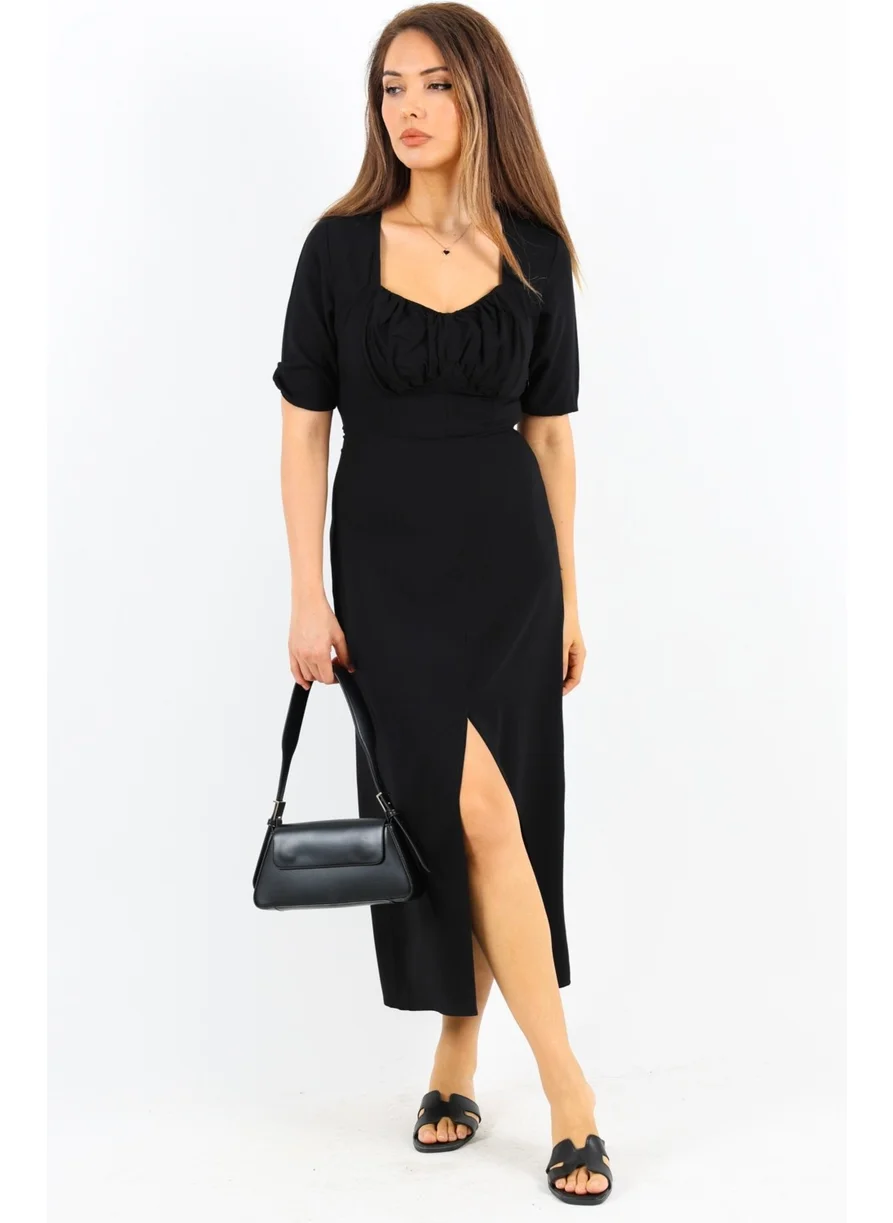 Ritnice Women's Rena Black Elastic Back Slit Midi Dress