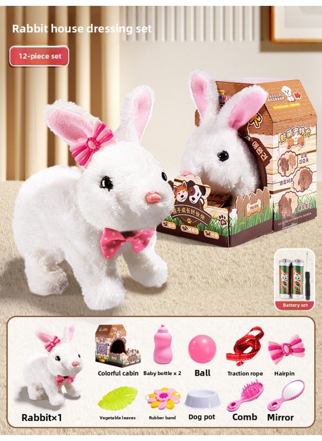 Children's Electric Simulation Bunny Plush Toy Girl Pet White Rabbit Doll Girl Birthday Gift-Color:Little White Rabbit Feeding Dress Up Set [house] + Battery  - Image 1