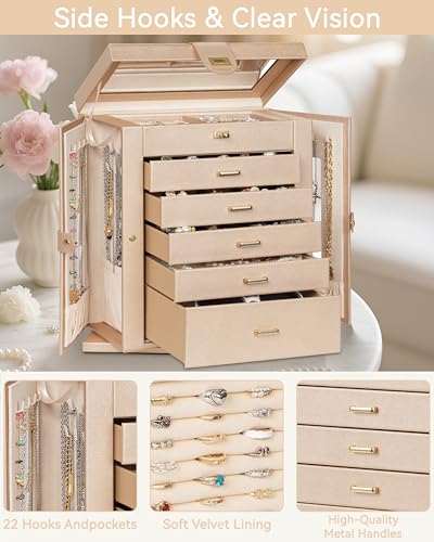 AKOZLIN Jewelry Box 360 Rotating 6Tier Functional Jewelry Storage Case Organizer for Women Girls Ring Necklace Earring Bracelet Holder with Mirror - Image 3