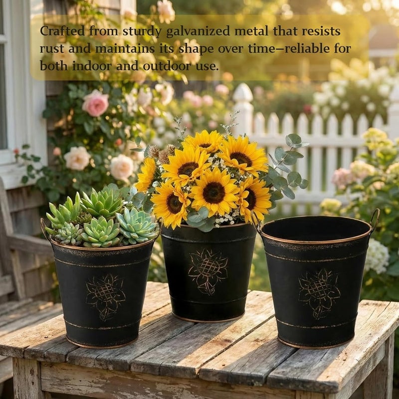 AVLA 3 Pack Galvanized Bucket, Rustic Farmhouse Metal Flower Vase, Vintage Plant Pot, Decorative Tin Pails with Handles for Wedding Decorations, Centerpieces, Home Decor, Garden Planter, 5.7 Inch - Image 4